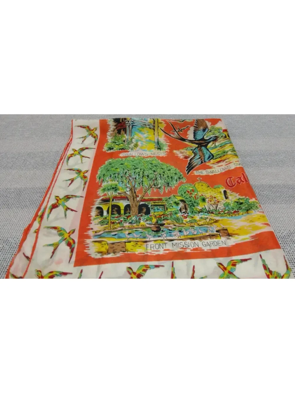 40s 30s California Missions Scarf Birds SAN JUAN CAPISTRANO 1930s MULTICOLOR ART